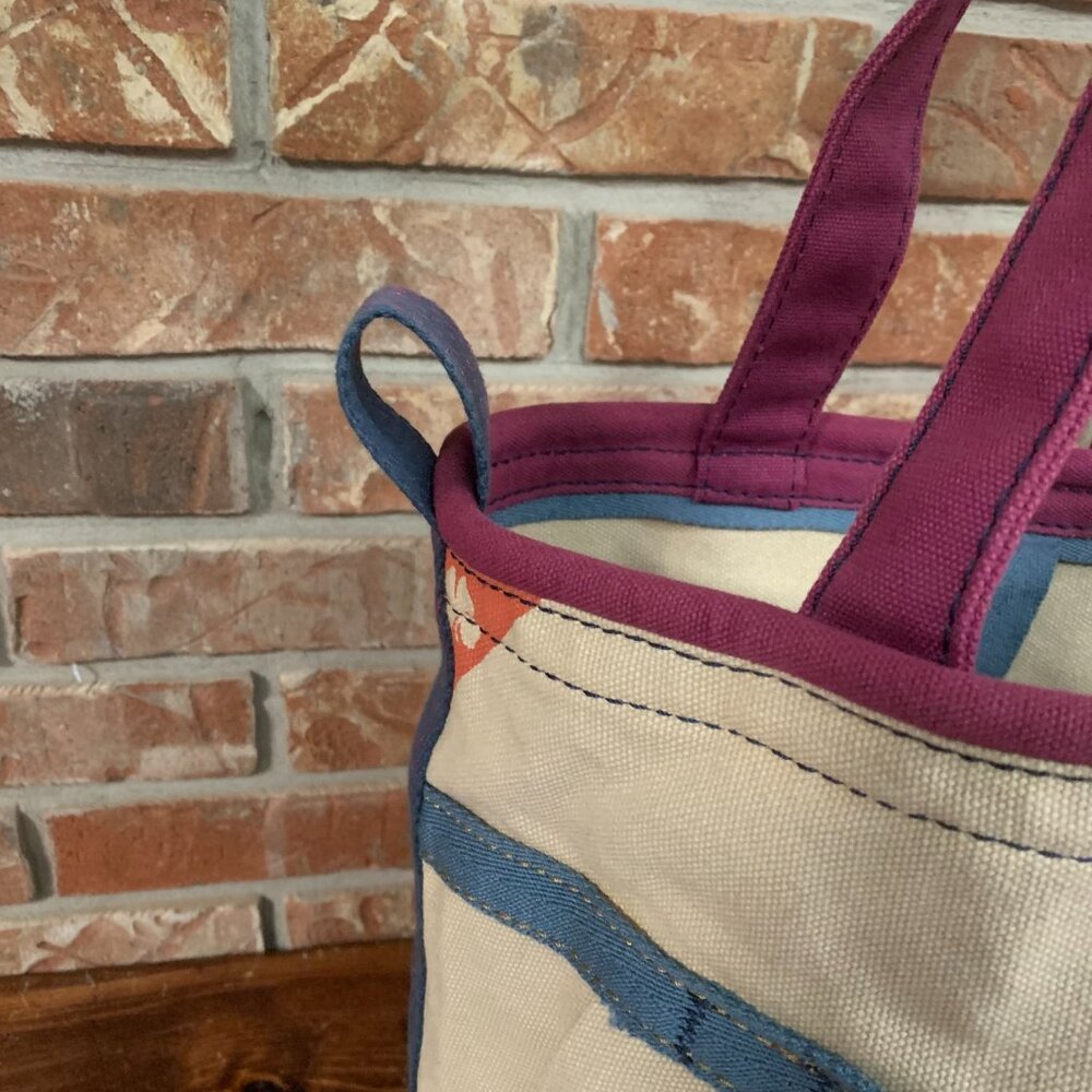 Lucky Brand Dungarees Large Cream Blue Women's Canvas Tote Bucket Bag GUC - Picture 5 of 11